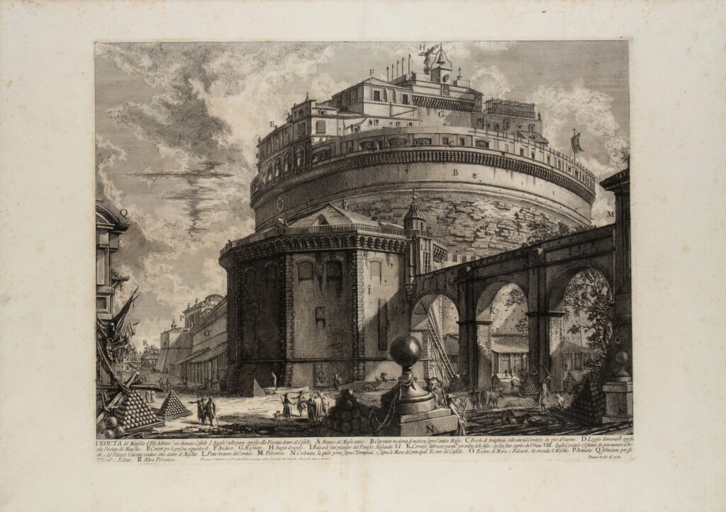 Giovanni Battista Piranesi (1720 - 1778) Veduta del Mausoleo d'Elio Adriano Acquaforte, 535 x 760 mm I stato su 4, con l'indirizzo d'autore. Edizione romana. Hind 30