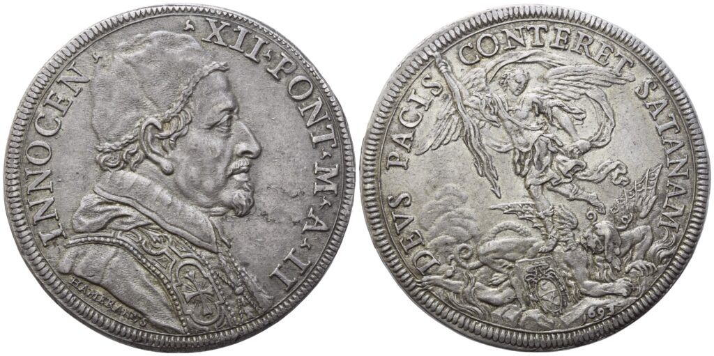 STATO PONTIFICIO - ROMA
InnocenzoXII
(1691-1700)
Piastra 1693 Anno II
Ag (32,04 g; 44,5 mm)
Incisore Martino Hamerani

L’arcangelo Michele raffigurato sul retro è una libera citazione del
“San Michele Arcangelo che schiaccia il diavolo” dipinto da Guido Reni nel 1635

Conservazione eccezionale