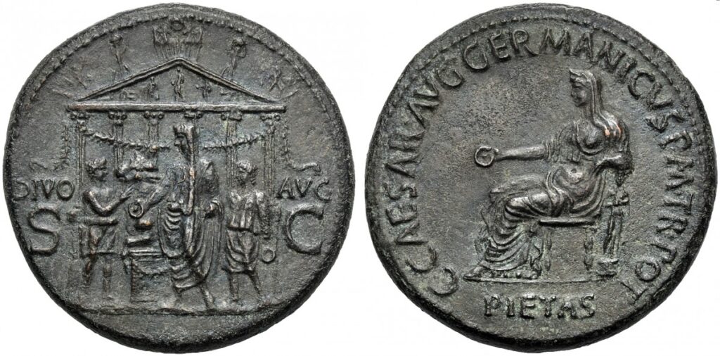 Moneta GAIO DETTO CALIGOLA (37-41) Sesterzio, Roma 37-38 d.C. alla Pietas velata seduta verso sinistra raffigurata sul retro di questo sesterzio si ispira il famoso “Testone della Pietà” di Leone Leoni