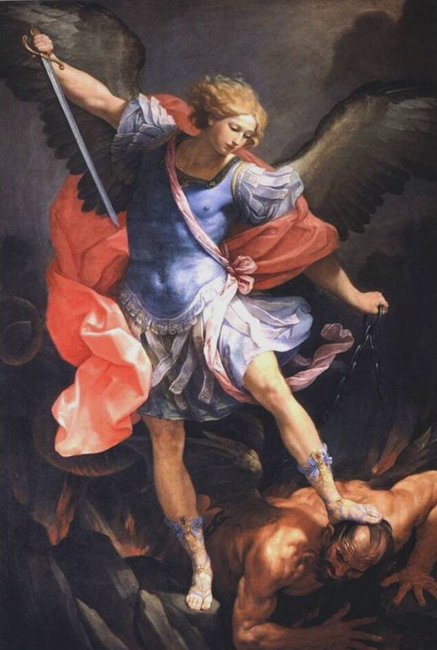 GUIDO RENI San Michele Arcangelo che schiaccia il diavolo, 1635 Commissionato da Antonio Barberini, fatello di papa Urbano VIII, il dipinto liberamente citato da Hamerani nella sua piastra papale è conservato a Roma, nella Chiesa di Santa Maria della Concezione