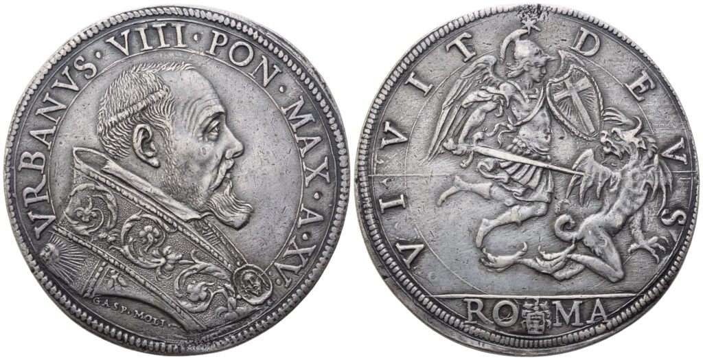 STATO PONTIFICIO - ROMA Urbano VIII (1623-1644) Piastra Anno XV Ag (31,45 g; 41,5 mm) Incisore Gasparo Mola,”Il Cellini lombardo”