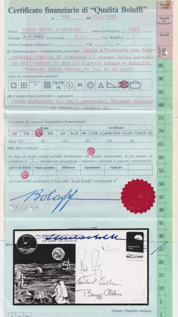 Certificato finanziario di qualità Bolaffi per busta autografata da Armstrong, Collins e Aldrin per Apollo 11 con francobollo Apollo 8